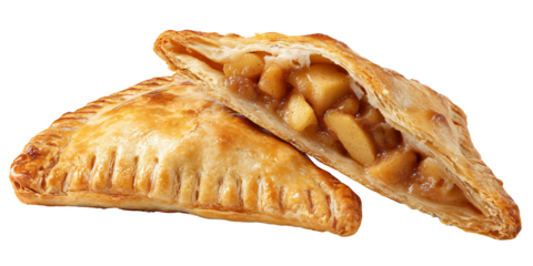 Delicious homemade apple turnover with flaky crust, one cut in half revealing the sweet apple filling Concept of comfort food, autumn dessert, and traditional baking