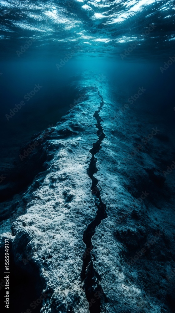 Poster Underwater view revealing a geological fault line slicing through the seabed, creating a deep chasm illuminated by sunlight filtering through the water