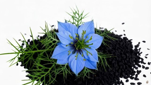 Artistic still life of a light blue flower blossom, green leaf branches, and a small pile of black seeds on a white background.