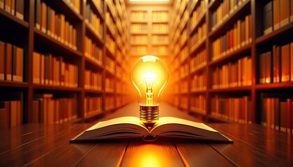 Bright Idea in Library with Open Book and Glowing Light Bulb