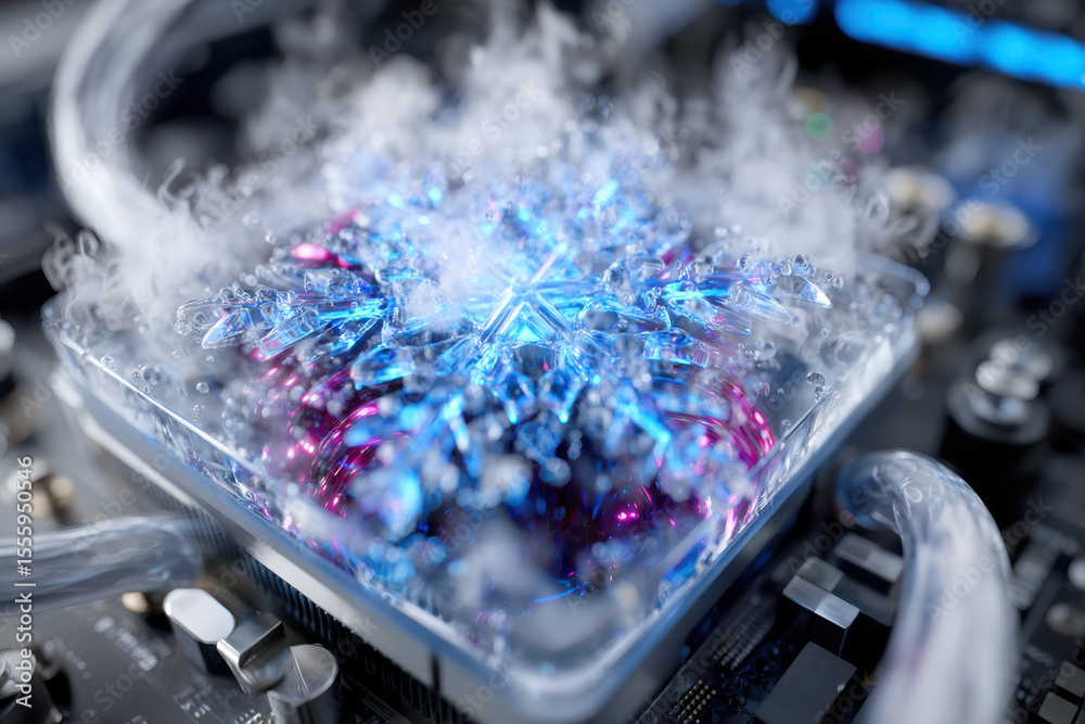 Poster advanced cooling system with frost effect on computer processor at close range