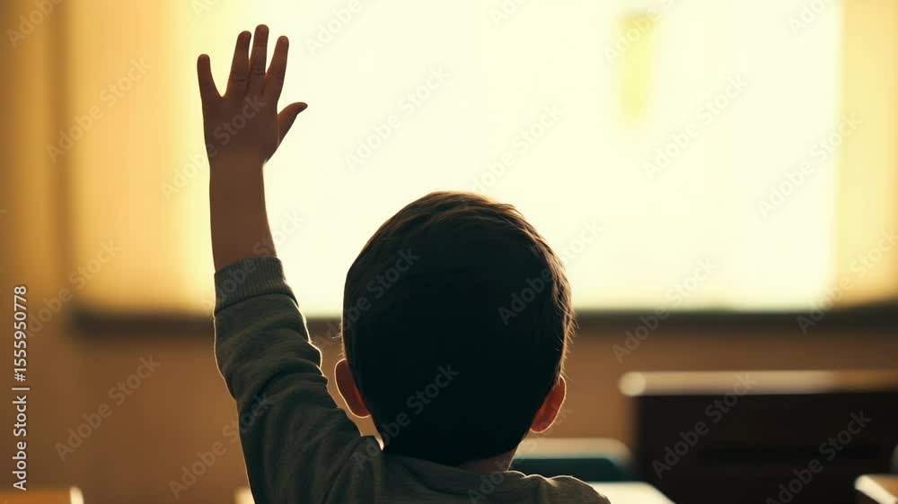 Poster elementary school student raising hand enthusiastically, eager to ask a question or provide an answe