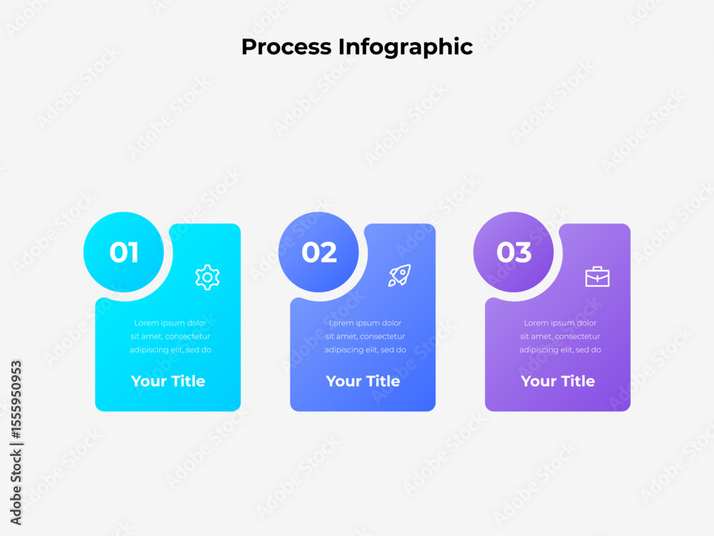 Aufkleber illustration of a process infographic design featuring three steps for presenting stages or workflow