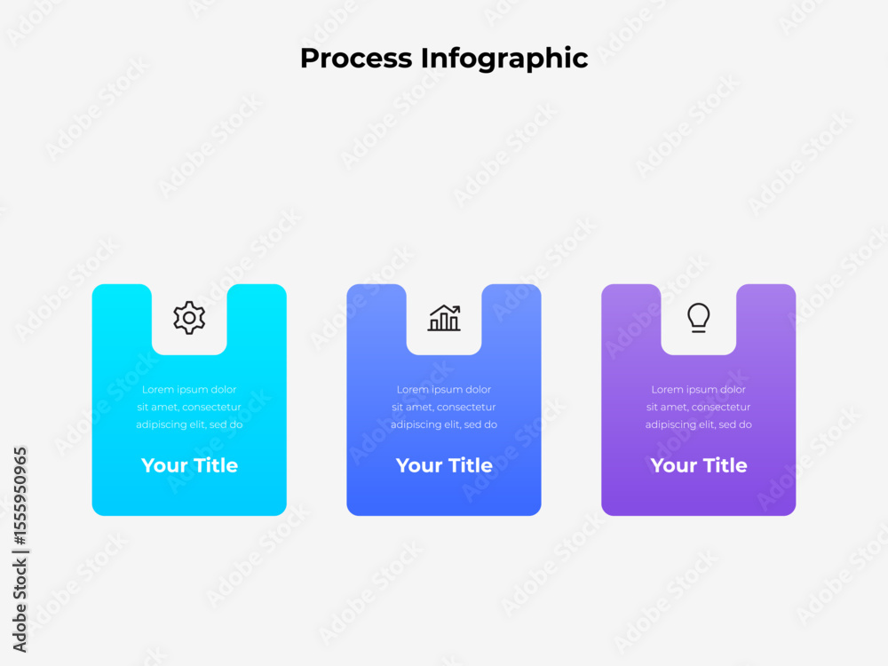 Poster Colorful infographic featuring three sections with icons and text elements, ideal for presenting business processes or data insights in a clean, professional, and visually appealing style