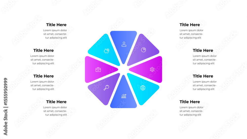 Poster Modern infographic chart featuring a circle divided into 8 sections with icons and text. Perfect for professional data presentation, creative design projects, and information visualization purposes