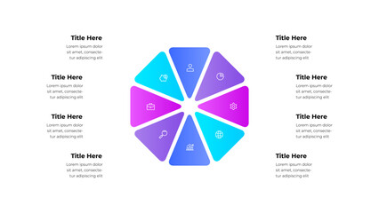 Modern infographic chart featuring a circle divided into 8 sections with icons and text. Perfect for professional data presentation, creative design projects, and information visualization purposes