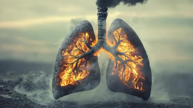 A powerful representation of the dangers of smoking, showing human lungs inflamed with fire and emitting toxic smoke. A visual metaphor for the harmful effects of cigarettes