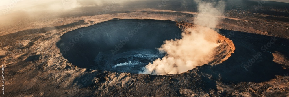 Poster aerial view of an active volcano emitting smoke and ash, creating a dramatic scene of natural power 
