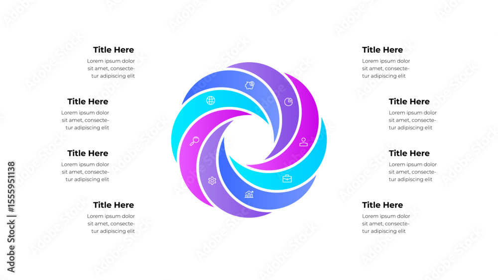Aufkleber Colorful circular infographic artwork featuring a 8 segmented ring with abstract designs and text blocks, suitable for representing business concepts, presentations, or data visualization