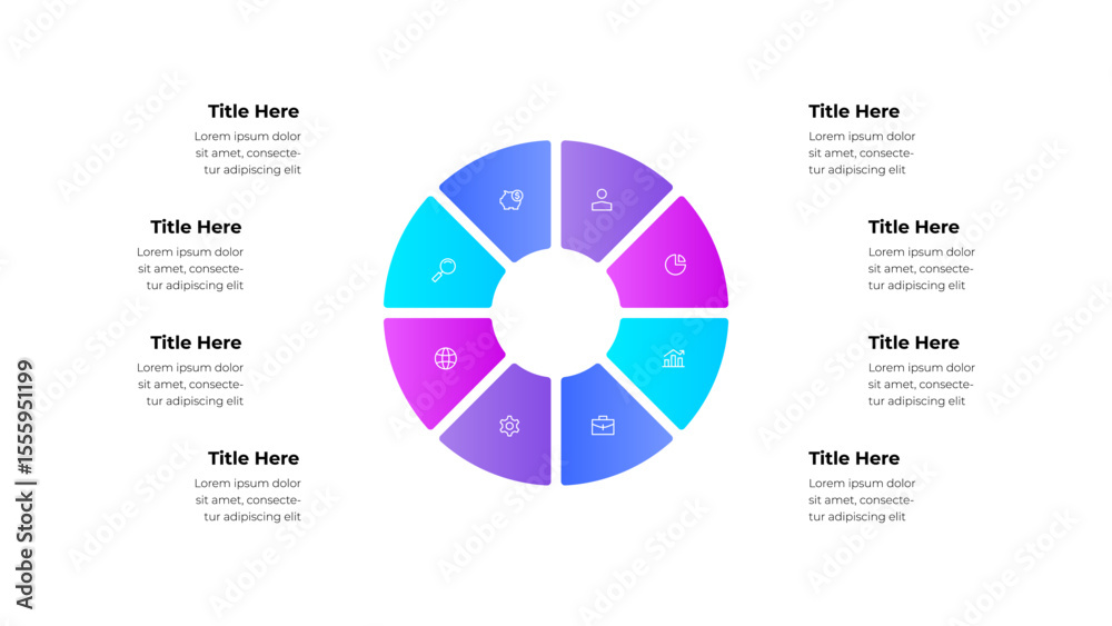 Poster Colorful circular infographic design showcasing 8 segments with icons and text placeholders. Illustration designed for business, data presentation, and visually appealing information presentations