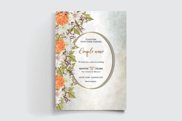 WEDDING INVITATION FRAME WITH FLOWER DECORATIONS AND FRESH LEAVES