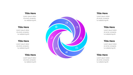 Colorful circular infographic artwork featuring a 8 segmented ring with abstract designs and text blocks, suitable for representing business concepts, presentations, or data visualization