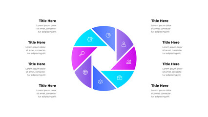 Infographic featuring a 8 segmented circular chart. Business icons and annotations are included for presentation purposes, suitable for data visualizations and professional documents