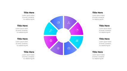 Colorful circular infographic design showcasing 8 segments with icons and text placeholders. Illustration designed for business, data presentation, and visually appealing information presentations