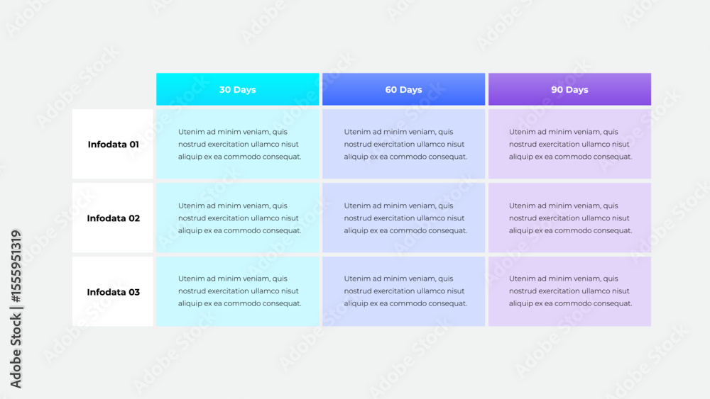 Poster A visually appealing and modern business comparison table displays formatted data insights over three time intervals: 30, 60, and 90 days