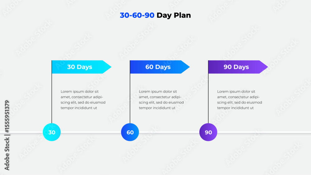 Poster professional 30-60-90 day plan infographic for presenting structured goals, aligned objectives, and 