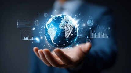 A man is holding a globe in his hand, surrounded by a variety of data points and graphs. Concept of technological advancement and the interconnectedness of the world
