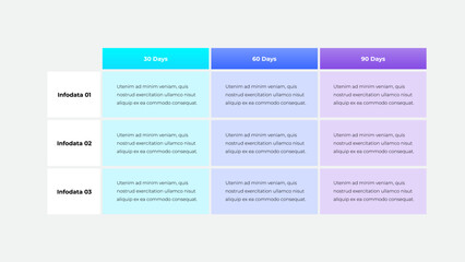 A visually appealing and modern business comparison table displays formatted data insights over three time intervals: 30, 60, and 90 days