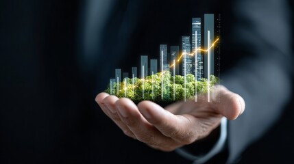 A hand holding a plant with a graph of a city in the background. Concept of growth and progress, as the plant represents the potential for growth and development