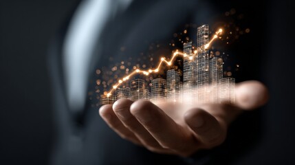 A hand holding a city skyline with a line graph showing a rise in the buildings. Concept of growth and progress, as the buildings appear to be expanding and reaching for the sky