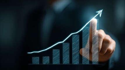 A man is pointing at a graph that shows a rising trend. Concept of progress and growth, as the man's finger is on the upward arrow