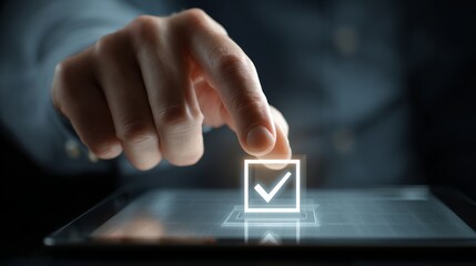 A hand is pointing at a check box on a tablet. The check box is lit up, indicating that it is checked. Concept of importance and completion
