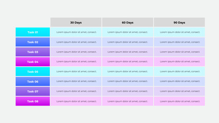 Table showcasing task planning and goals set over 30, 60, and 90 days. Ideal for project management, strategy planning, and organizational frameworks. Visually appealing for business presentations