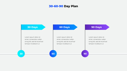 Professional 30-60-90 day plan infographic for presenting structured goals, aligned objectives, and clear strategies in business or career contexts, using colorful arrows and concise layouts