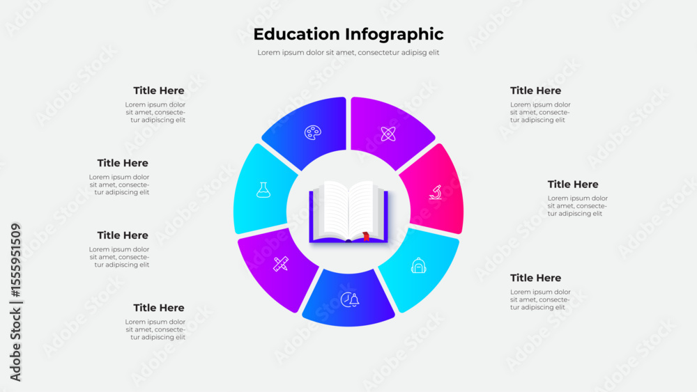 Aufkleber Detailed infographic design featuring a circular layout with educational icons and 7 segments. Perfect for academic presentations and data visualization. Central focus is a book depiction