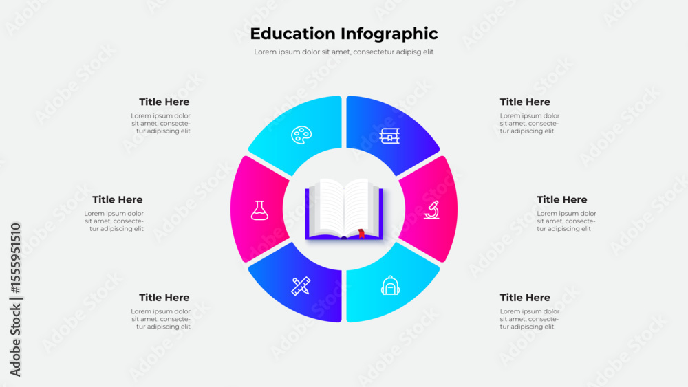 Poster Detailed infographic design featuring a circular layout with educational icons and 6 segments. Perfect for academic presentations and data visualization. Central focus is a book depiction