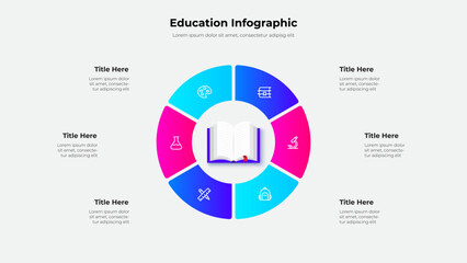 Detailed infographic design featuring a circular layout with educational icons and 6 segments. Perfect for academic presentations and data visualization. Central focus is a book depiction