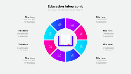 Detailed infographic design featuring a circular layout with educational icons and 8 segments. Perfect for academic presentations and data visualization. Central focus is a book depiction
