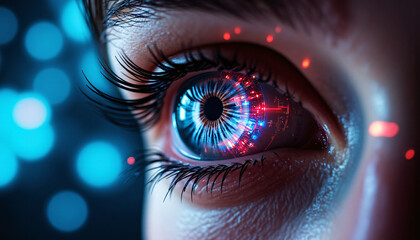 Extreme close-up of a human eye, complete with futuristic digital elements and illuminated interface, in a sci-fi style on a bokeh background