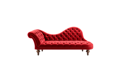 Elegant red velvet chaise lounge with button tufting and wooden legs, perfect for a luxurious interior. background removed