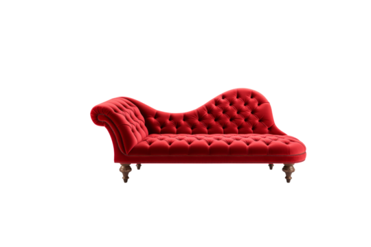 Elegant red velvet chaise lounge with button tufting and wooden legs, perfect for a luxurious interior. background removed - Powered by Adobe