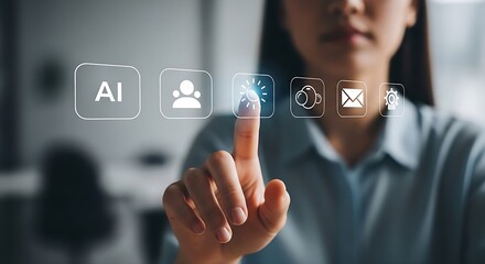 Woman interacts with AI icons using touchscreen technology for a smart and digital business innovation concept.