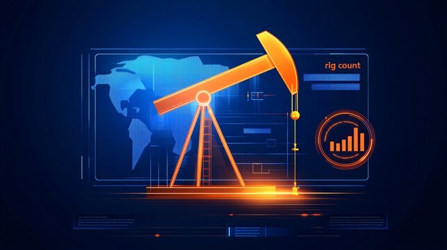 A digital dashboard displaying "rig count" changes over a stylized oil basin, correlating directly with drilling activity and future production capacity.