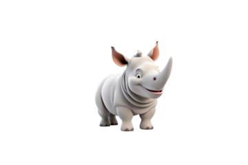 A cute cartoon rhinoceros, light gray with a friendly smile, stands against a transparent background. background removed