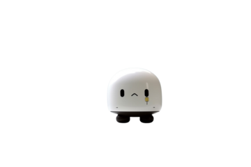Cute, minimalist white robot with black feet and a small yellow detail, on a transparent background. background removed