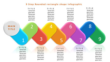 9 Step Rounded Rectangle Infographic Template for PowerPoint and Presentations. Fully Editable SVG for PowerPoint, Web, Illustrator, and most vector-based applications. 