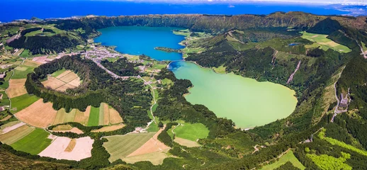 Fotobehang Azores island most beautiful scenic places - wonderful emerald lakes Sete Cidades lagoons, drone aerial view of volcanic craters. Portugal, Sao Miguel island © Freesurf