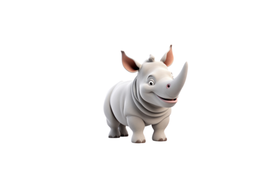 A cute cartoon rhinoceros, light gray with a friendly smile, stands against a transparent background. background removed