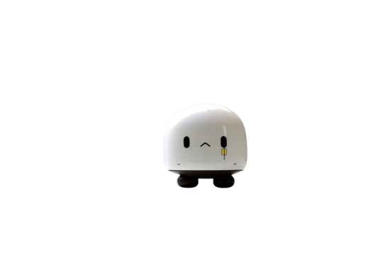 Cute, minimalist white robot with black feet and a small yellow detail, on a transparent background. background removed
