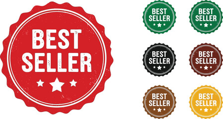 A collection of best seller badges in various colors on white background