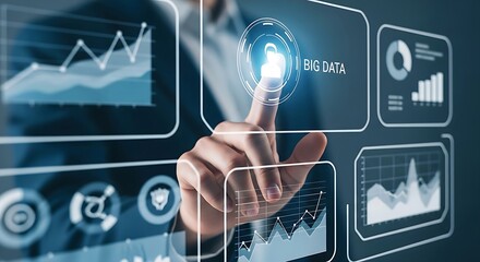 Businessman utilizes a glowing touch screen with data analytics and charts for enhanced financial insight and corporate strategy.