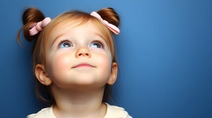 Adorable Toddler Girl Looking Upward Blue Background