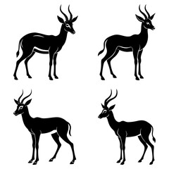 Four black silhouette depictions of gazelles with curved horns standing in various poses on a white background