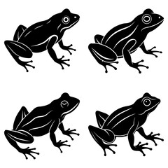 Four stylized black frogs in varying poses with detailed toes and smooth body shapes are shown