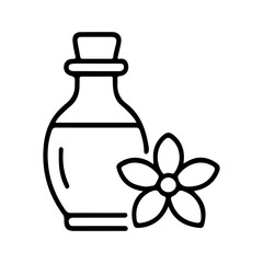 Outline icon of glass bottle with flower. Black linear vector illustration. Cosmetic oil or aromatherapy concept. Design for banner, sticker, print, poster, card, invitation, greeting. Flat icon view