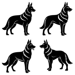 Four stylized black german shepherd dogs standing in various poses with white accents on fur design